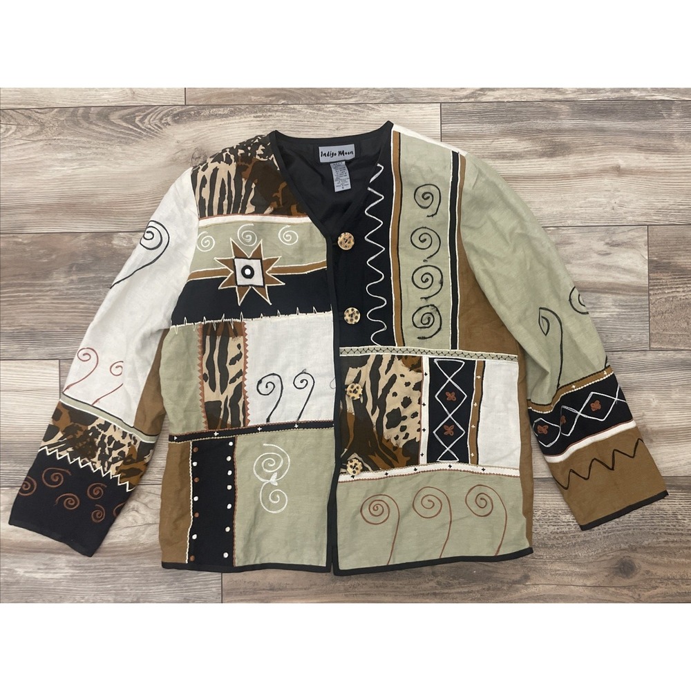 Vintage 90s Indigo Moon Patchwork Jacket Womens S Embroidered Wearable Art Brown